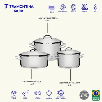 Jogo de Panelas Tramontina Solar em Aço Inox com Fundo Triplo 3 Peças 65510740