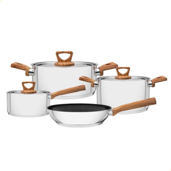 Jogo de Panelas Tramontina 4 Peças Brava Antiad. Aço Inox Fundo Triplo com Acab. Amadeirado 65300310