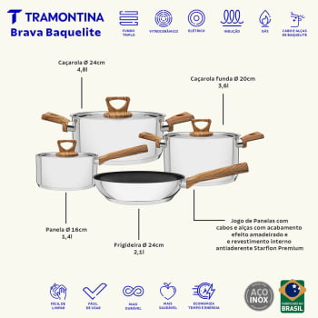 Jogo de Panelas Tramontina 4 Peças Brava Antiad. Aço Inox Fundo Triplo com Acab. Amadeirado 65300310