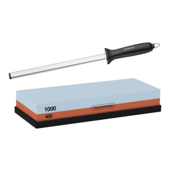Kit Pedra Afiar Faca E Chaira Diamantada em Inox 10" Tramontina Profissional