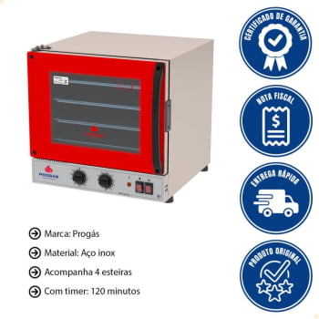 Kit Forno Elétrico Progás Turbo Fast Oven Vermelho 4 Esteiras PRP-004 G2 220V e Suporte Para Forno