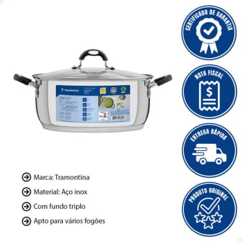 Caçarola Rasa Tramontina Astro Silicone Aço Inox com Fundo Triplo Tampa de Vidro 30cm 8,9L 62123300