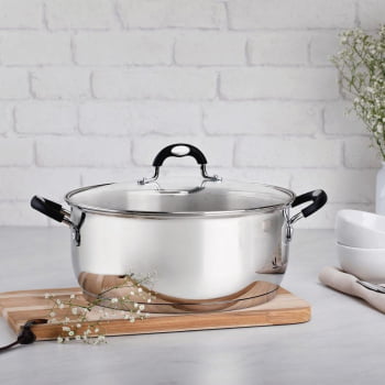 Caçarola Rasa Tramontina Astro Silicone Aço Inox com Fundo Triplo Tampa de Vidro 30cm 8,9L 62123300