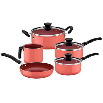 Jogo de Panelas Tramontina Évora Alumínio Rev. Interno Cerâmico e Externo de Silicone Coral 5 Pçs