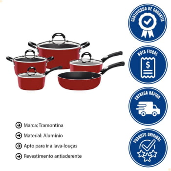 Jogo de Panelas Tramontina Mônaco 5 Pçs Induction Alumínio com Antiad. Silicone Vermelho 28799702