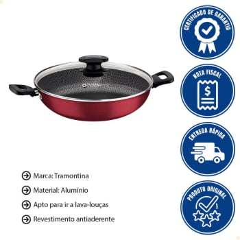 Panela Wok Tramontina Loreto Vermelho 28 Cm 3,3 L Alumínio Com Antiaderente Tampa de Vidro 27817022