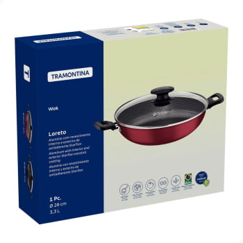 Panela Wok Tramontina Loreto Vermelho 28 Cm 3,3 L Alumínio Com Antiaderente Tampa de Vidro 27817022