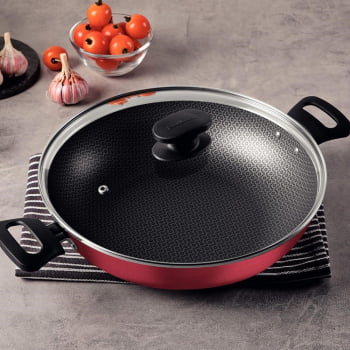 Panela Wok Tramontina Loreto Vermelho 28 Cm 3,3 L Alumínio Com Antiaderente Tampa de Vidro 27817022