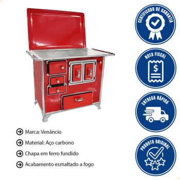 Fogão a Lenha Tradicional Venâncio N°2 Vermelho Porta Dupla Sem Tampa Gabinete Direto 28989