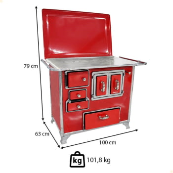 Fogão a Lenha Tradicional Venâncio N°2 Vermelho Porta Dupla Sem Tampa Gabinete Direto 28989