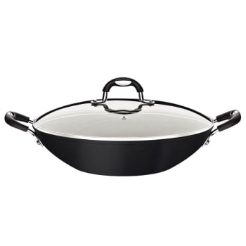 Wok Tramontina Mônaco Induction 32cm 4,5L Alumínio Rev. em Antiad. Preto c/ Tampa de Vidro 28708032