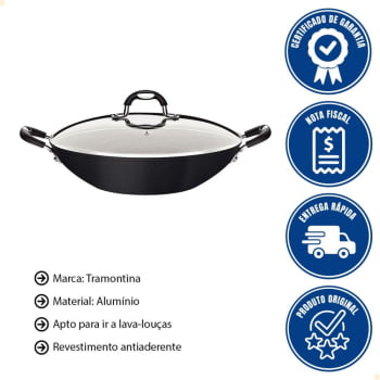 Wok Tramontina Mônaco Induction 32cm 4,5L Alumínio Rev. em Antiad. Preto c/ Tampa de Vidro 28708032