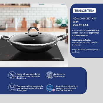Wok Tramontina Mônaco Induction 32cm 4,5L Alumínio Rev. em Antiad. Preto c/ Tampa de Vidro 28708032
