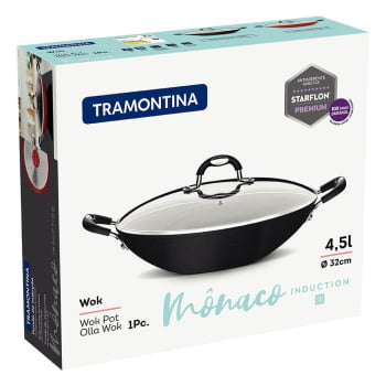 Wok Tramontina Mônaco Induction 32cm 4,5L Alumínio Rev. em Antiad. Preto c/ Tampa de Vidro 28708032