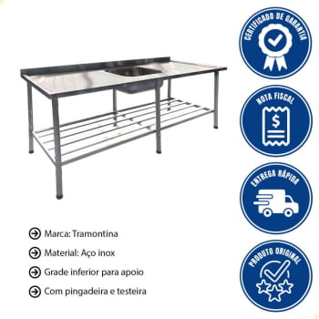 Mesa Com Cuba Simples Imeca Com Grade Inferior Medida 2,00 x 0,70 Inox 430 Desmontável 6814