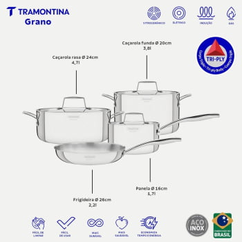 Jogo de Panelas Tramontina Grano em Aço Inox com Corpo Triplo 4 Peças 65140000