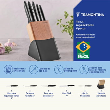 Jogo de Facas Tramontina Plenus Aço Inox e Polipropileno Preto e Suporte de Madeira 6 Peças 23498028