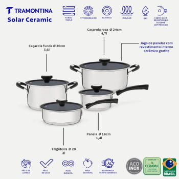 Jogo de Panelas Tramontina Solar Ceramic 4 Peças Aço Inox Fundo Triplo com Rev Int Grafite 65120026