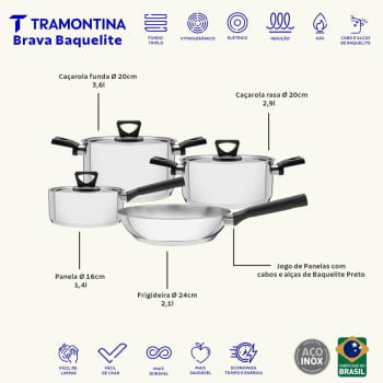 Jogo de Panelas Tramontina Brava Baquelite 4 Pçs Aço Inox Fundo Triplo e Cabos de Baquelite 65180510