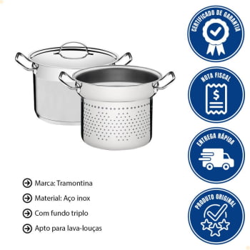 Jogo Cozi-Pasta Tramontina Professional 2 Peças 24 cm em Aço Inox Fundo Triplo 65620400