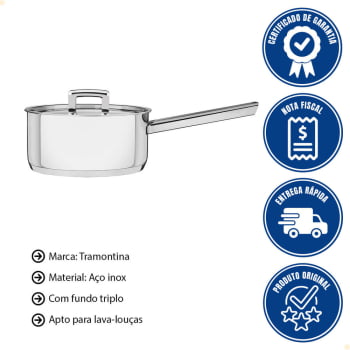 Panela Tramontina Brava 16 cm 1,4 L em Aço Inox Fundo Triplo com Tampa Plana e Cabo 62401160