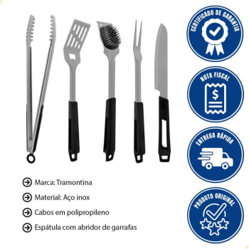 Kit Churrasco Black 5 Peças Faca + Garfo + Espátula + Pegador + Escova