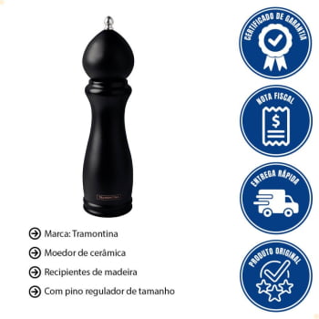 Kit Moedor de Pimenta e Sal Tramontina Churrasco Black Cerâmica Recipiente Madeira 8" e 10" 2 Peças