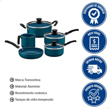 Jogo de Panelas Tramontina Évora 5 Peças Alumínio Com Rev. Interno Cerâmico e Externo Silicone Azul