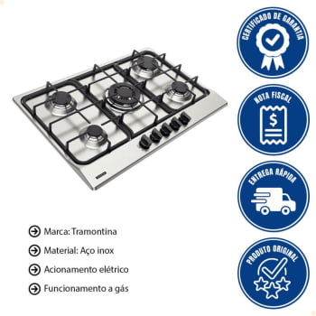 Cooktop a Gás Tramontina 5 Bocas Penta FF 5GX Tri 75 Aço Inox Trempes Fer. Fund Sup. autom. 94716401
