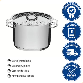 Espagueteira Tramontina Solar 24 cm 7,7 L em Aço Inox Fundo Triplo com Tampa e Alças 62517241