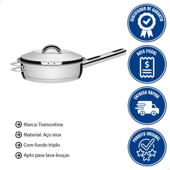 Frigideira Tramontina Solar 28 cm 4,8 L em Aço Inox com Fundo Triplo Tampa Cabo e Alça 62500280