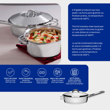 Frigideira Tramontina Solar 28 cm 4,8 L em Aço Inox com Fundo Triplo Tampa Cabo e Alça 62500280