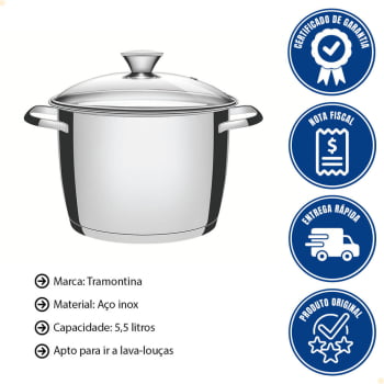 Caldeirão Tramontina Allegra 22 cm 5,5 L em Aço Inox com Fundo Triplo e Tampa de Vidro 62655224