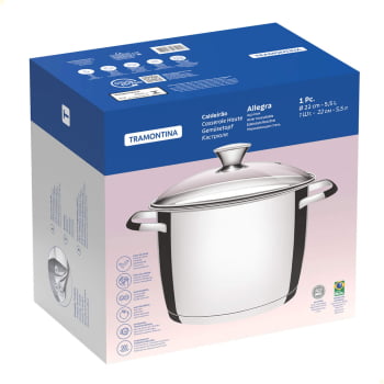 Caldeirão Tramontina Allegra 22 cm 5,5 L em Aço Inox com Fundo Triplo e Tampa de Vidro 62655224
