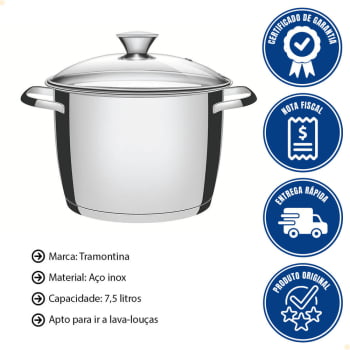 Caldeirão Tramontina Allegra 24 cm 7,5 L em Aço Inox com Fundo Triplo e Tampa de Vidro 62655244