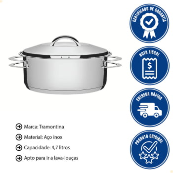 Caçarola Tramontina Solar Rasa 24 cm 4,7 L em Aço Inox Fundo Triplo com Tampa e Alças 62503240
