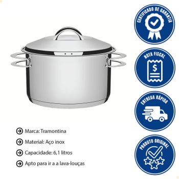 Caçarola Tramontina Solar Funda 24 cm 6,1 L em Aço Inox Fundo Triplo com Tampa e Alças 62504240