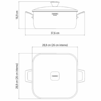 Caçarola Tramontina Grano Quadrada 7,3 L Aço Inox com Suporte P/ Tampa Corpo Triplo e Tampa de Vidro