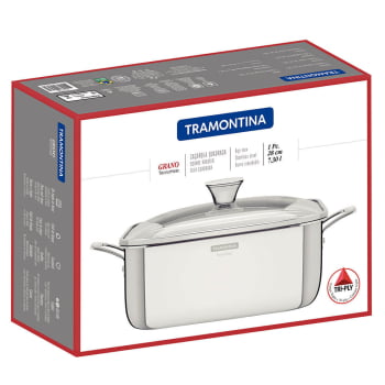 Caçarola Tramontina Grano Quadrada 7,3 L Aço Inox com Suporte P/ Tampa Corpo Triplo e Tampa de Vidro
