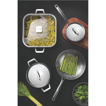 Caçarola Tramontina Grano Quadrada 7,3 L Aço Inox com Suporte P/ Tampa Corpo Triplo e Tampa de Vidro