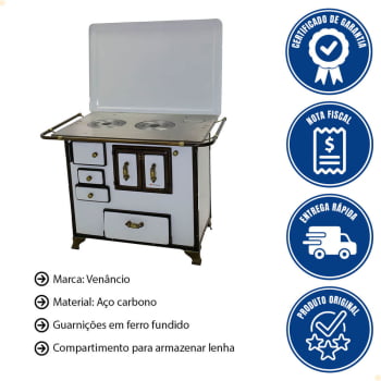 Fogão a Lenha Número 3 com Gabinete Venâncio Linha Barroco Nº03 Branco com Tampa Saída Chaminé Lado
