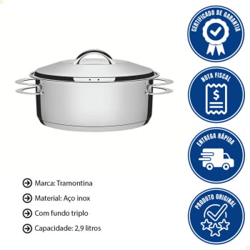 Caçarola Tramontina Solar Rasa 20 cm 2,9 L em Aço Inox Fundo Triplo com Tampa e Alças 62503200