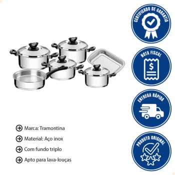 Jogo de Panelas Tramontina Solar 6 Peças em Aço Inox Fundo Triplo Cabos Alças de Baquelite 65720000