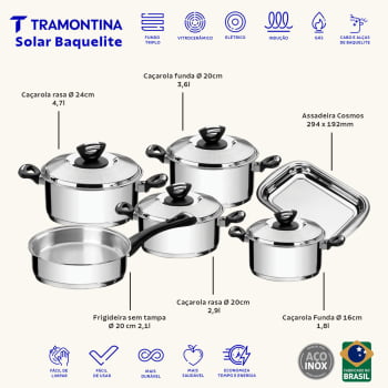 Jogo de Panelas Tramontina Solar 6 Peças em Aço Inox Fundo Triplo Cabos Alças de Baquelite 65720000