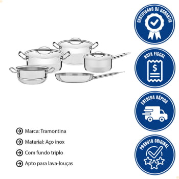 Jogo de Panelas Tramontina Prof. Aço Inox Fundo Triplo Tampa Plana Detalhe Satinado 5 Peças 65620010