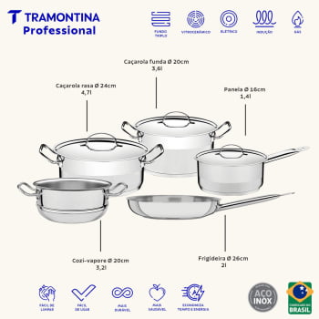 Jogo de Panelas Tramontina Prof. Aço Inox Fundo Triplo Tampa Plana Detalhe Satinado 5 Peças 65620010