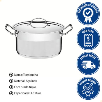 Caçarola Professional Funda Tramontina 20cm 3,6L Aço Inox com Tampa e Fundo Triplo 62624201