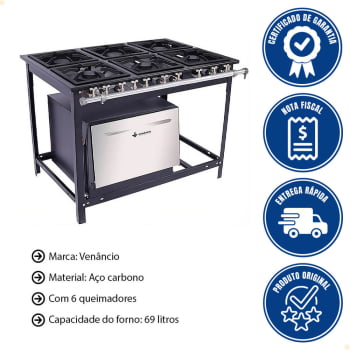 Fogão Industrial Venâncio Extra A Gás Glp 6 Bocas - 3 Simples 3 Duplas 30x30 Com Forno E6 14804