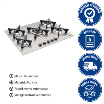 Cooktop a Gás Tramontina Design Collection Penta Inox Flat 5 GX 70 Aço Inox 5 Queim. Aut 94727104