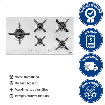 Cooktop a Gás Tramontina Design Collection Penta Inox Flat 5 GX 90 em Aço Inox 5 Queimadores Automát
